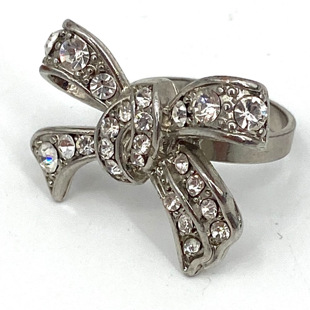 Silver Tone Rhinestone Bling Bow Tie Ring Costume Jewelry Size 6.25